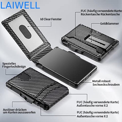6 en 1 en noir en fibres de carbone en cuir authentique en aluminium multi-fonctionnel portefeuille de carte avec pince à argent en acier